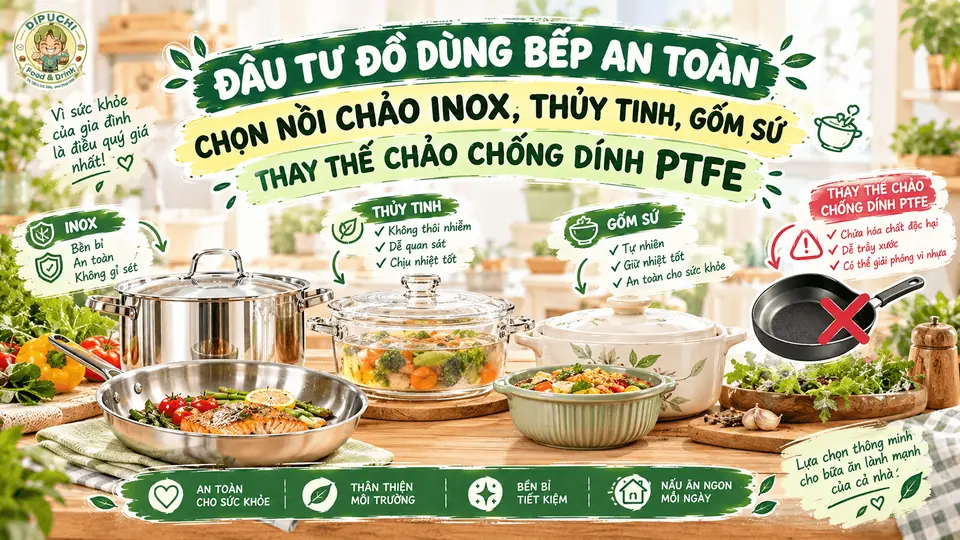 ĐẦU TƯ ĐỒ DÙNG BẾP AN TOÀN: CHỌN NỒI CHẢO INOX, THỦY TINH, GỐM SỨ THAY THẾ CHẢO CHỐNG DÍNH PTFE